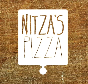 Nitza's Pizza logo on a wood background
